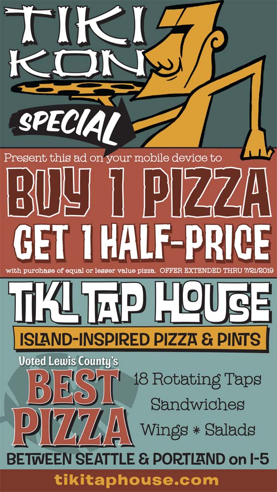 Tiki Tap House coupon, buy one pie and get a second of equal or lesser value for half price. Offer expires 7/6/2019.