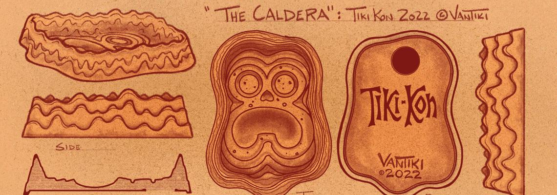 Illustration of the Caldera mug/bowl by VanTiki that depicts a shallow bowl shaped like a volcanic caldera, with a tiki face in the bottom and the Tiki Kon and VanTiki logos on the bottom.
